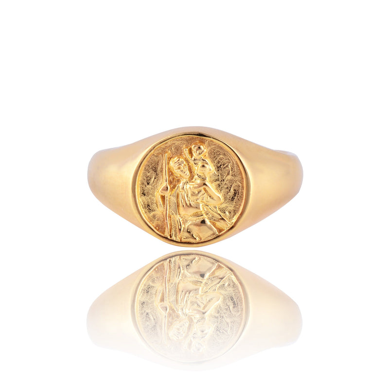 St Christopher Patron Saint of Travel Signet Ring - Gold