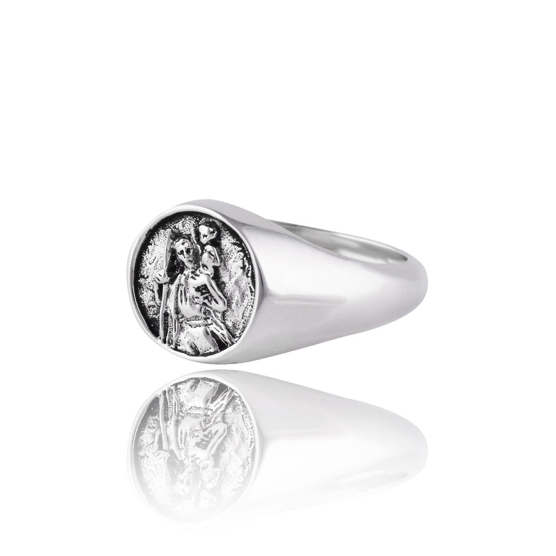 St Christopher Patron Saint of Travel Signet Ring - Silver